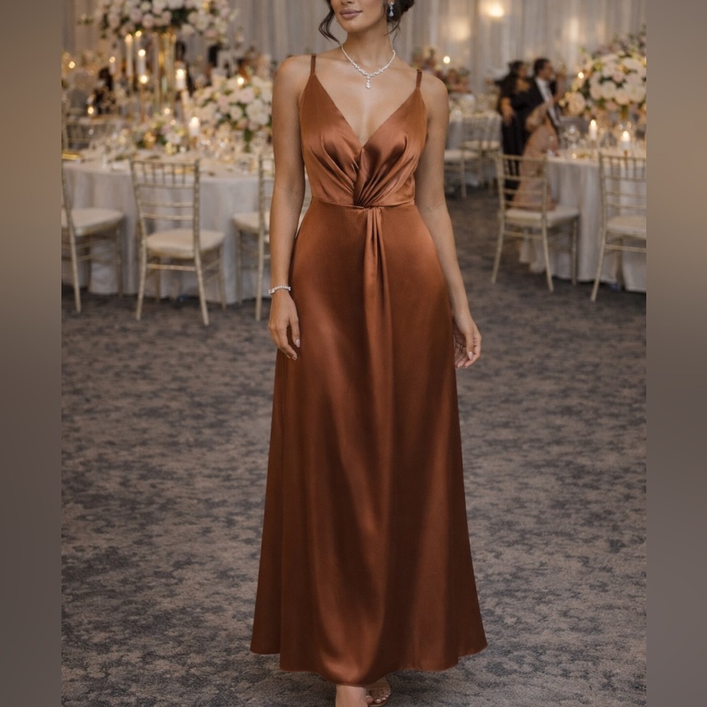 Revelry "Giada" Rust Satin Knot Maxi Dress